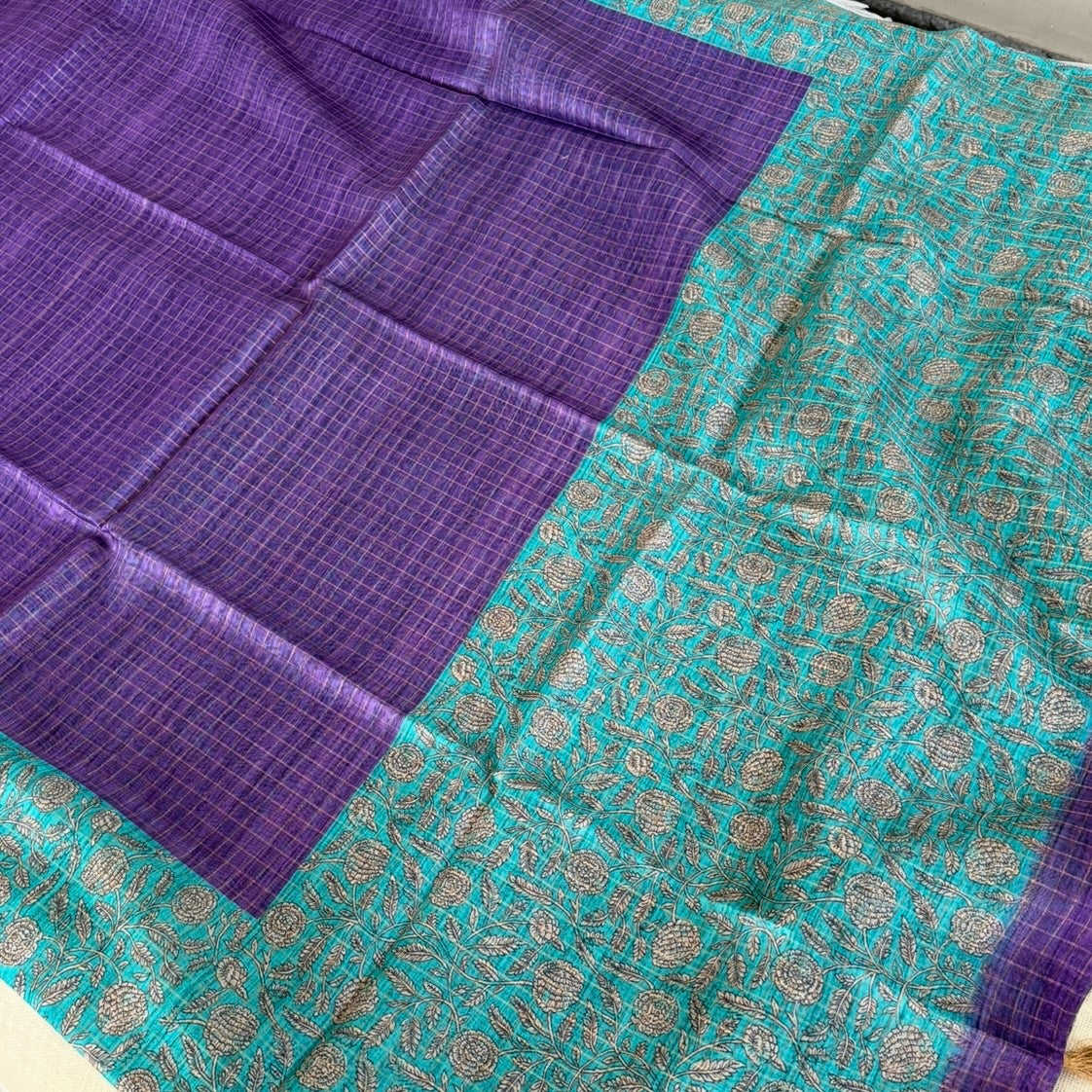 Purple n Blue Checked Semi Tussar Saree