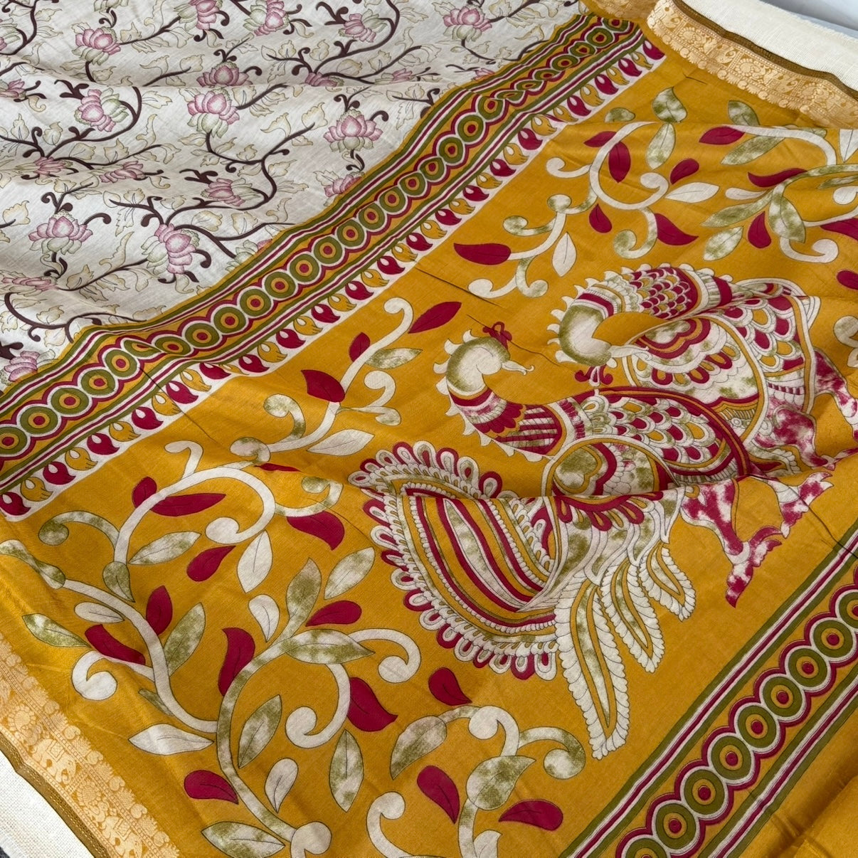 Olive Green Kalamkari Fancy Cotton Saree