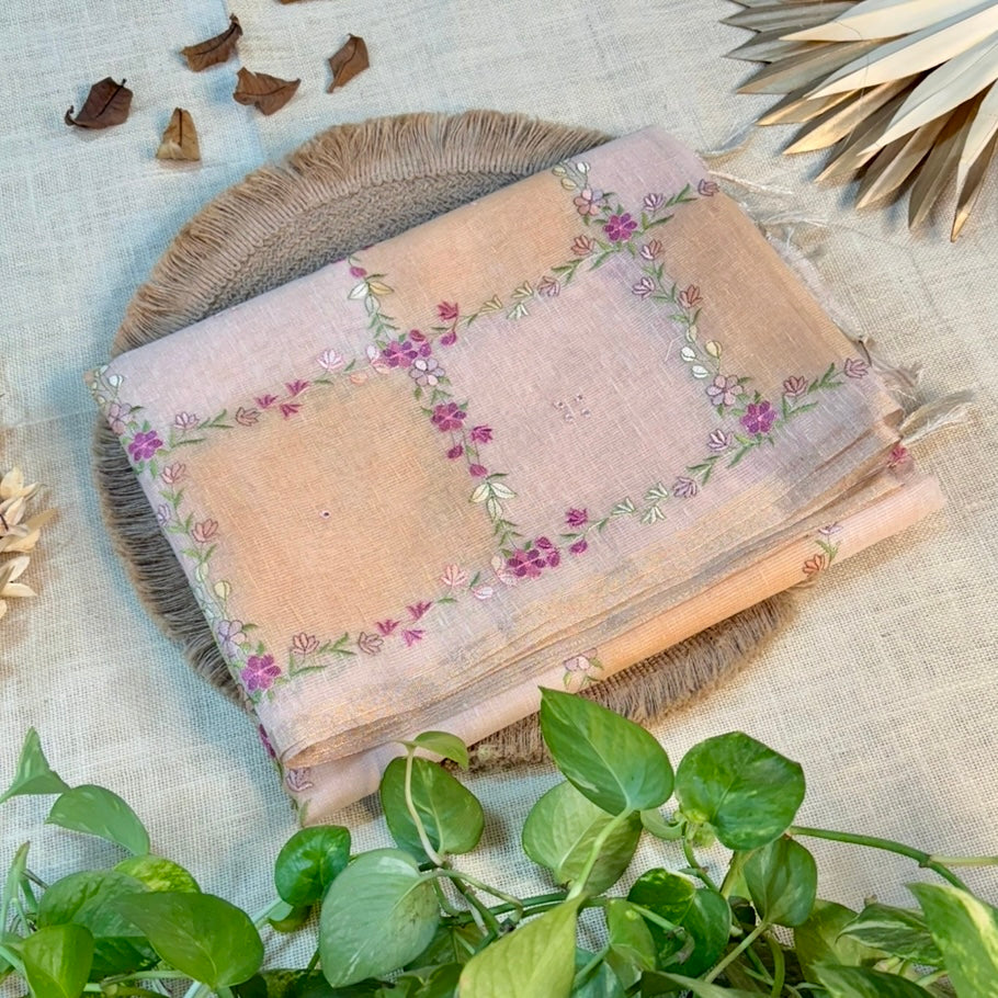 Pastel Orange Floral Embroidery Tissue Linen Saree