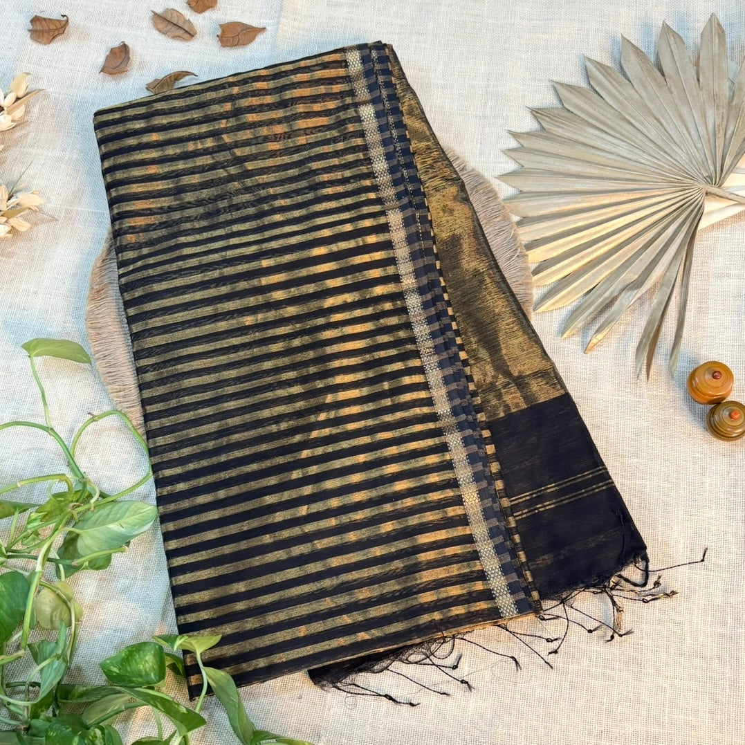 Black Gold Stripes Maheshwari Silk Cotton Saree