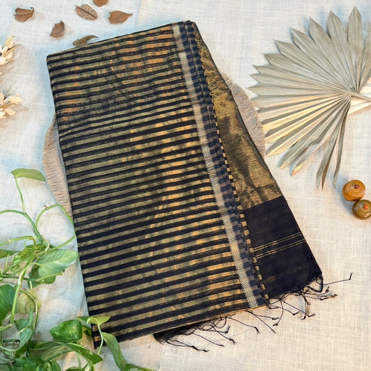 Black Gold Stripes Maheshwari Silk Cotton Saree