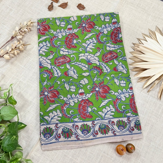 Green Floral Kalamkari Cotton Saree