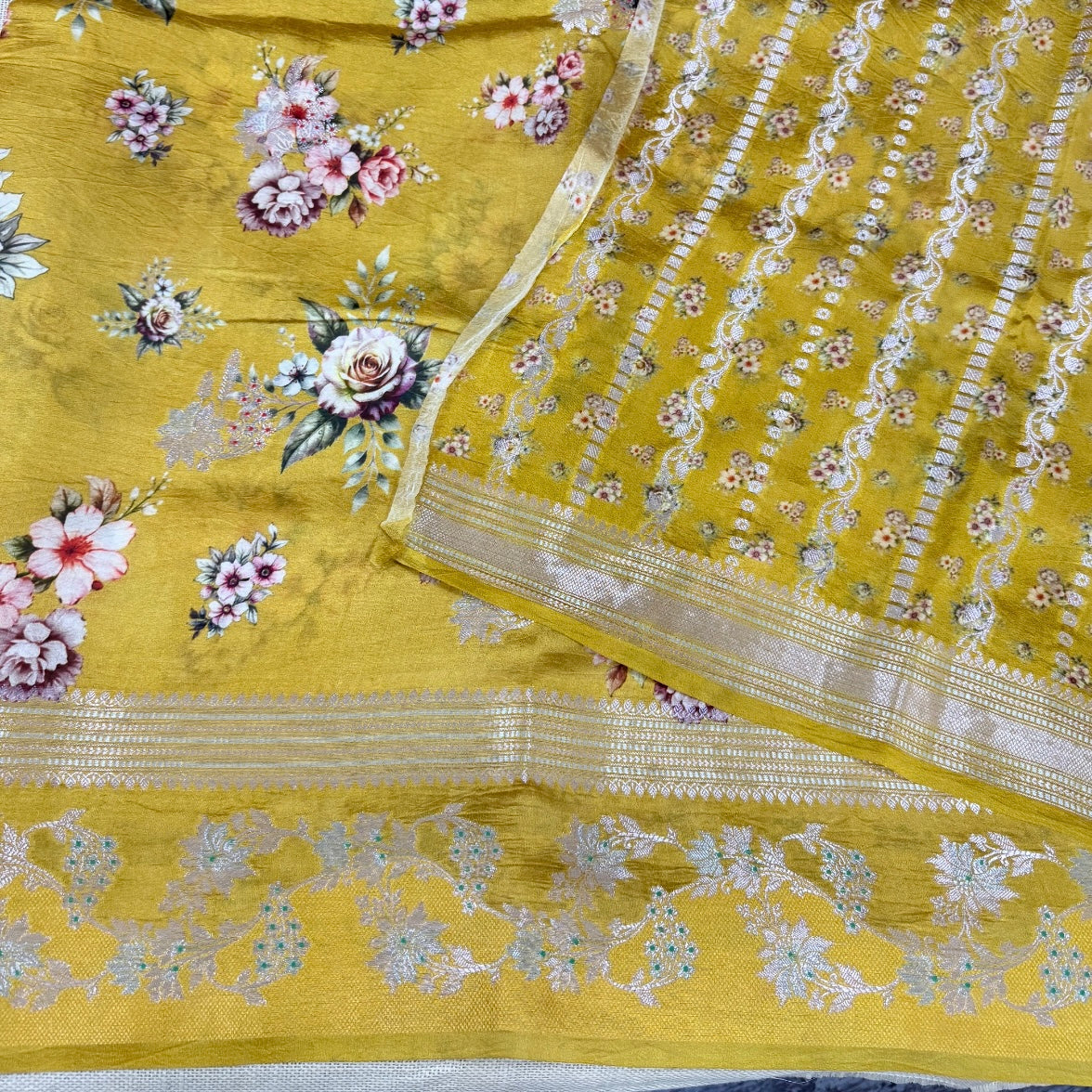 Mustard Floral Digital Raw Mango Silk Saree