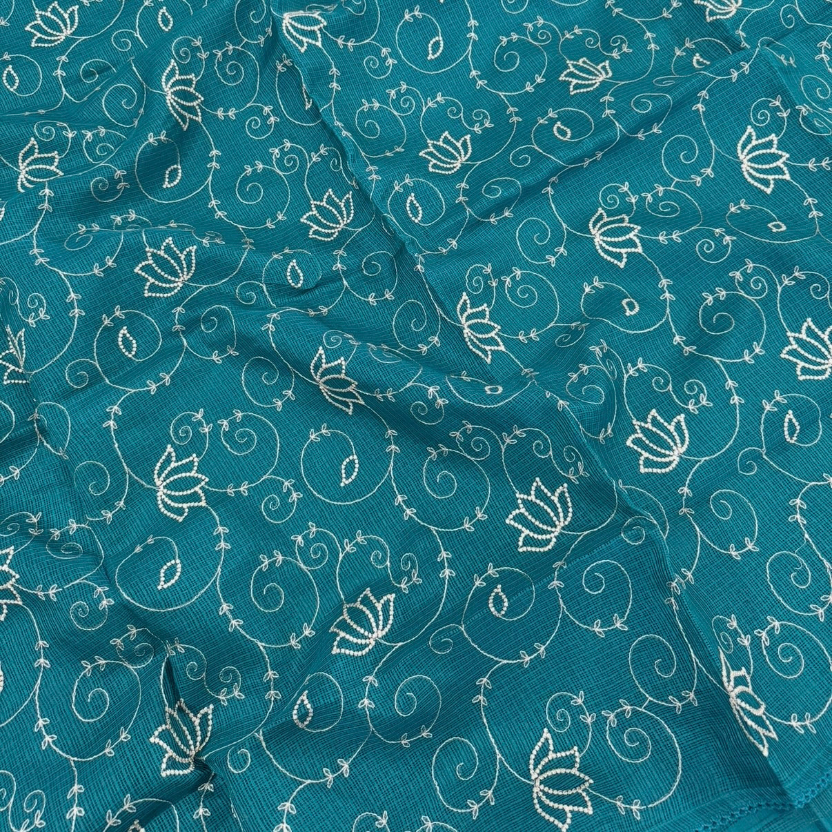 Rama green Kota Cotton Crochet Embroidery Saree