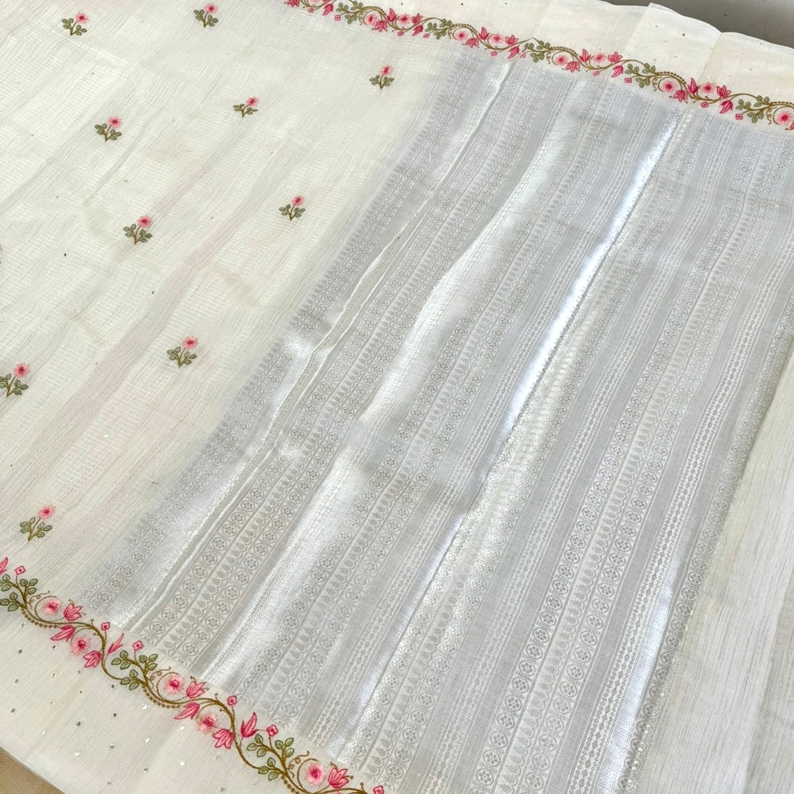 White Floral Embroidery Linen Mirror Saree