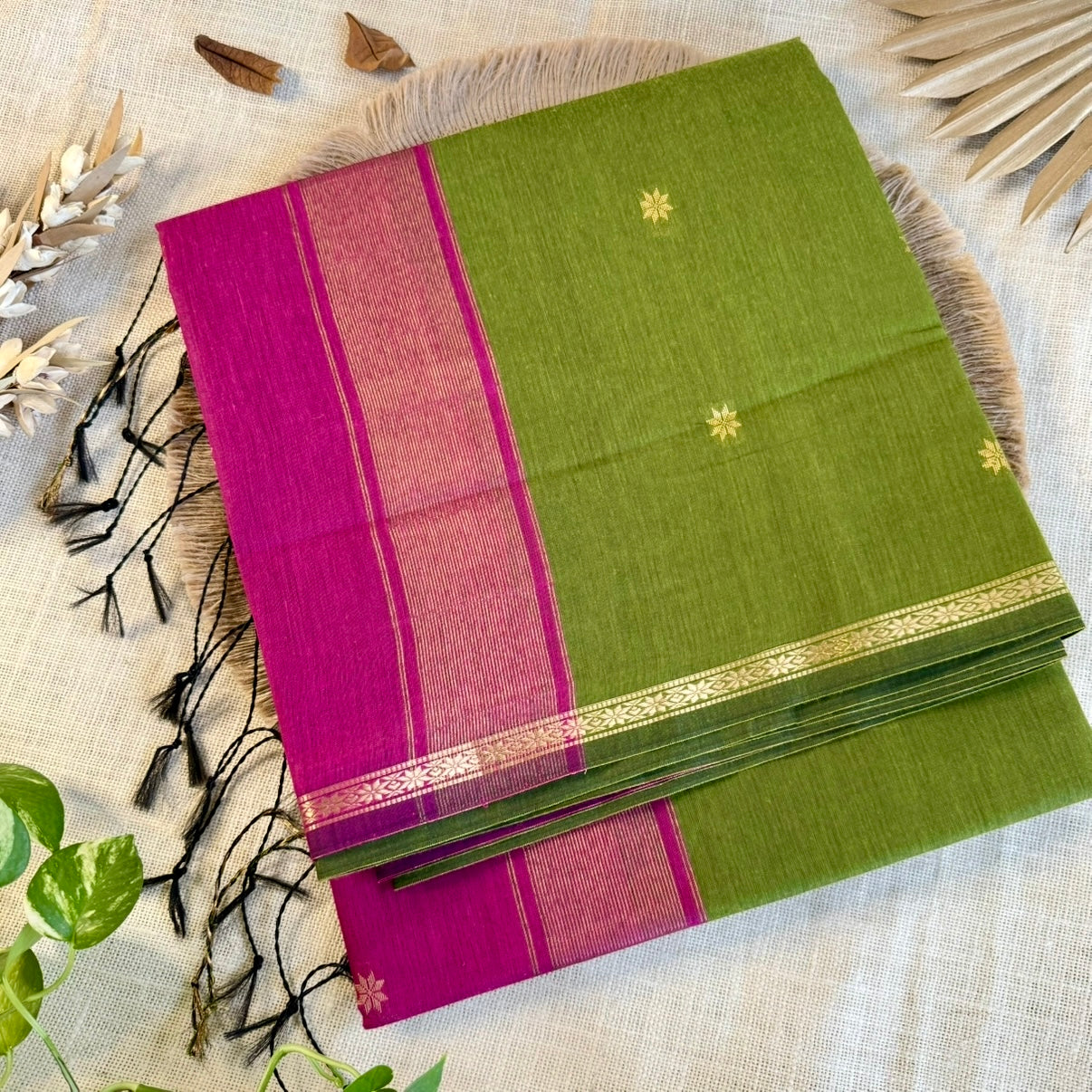 Green with Pink Pure Cotton Saree