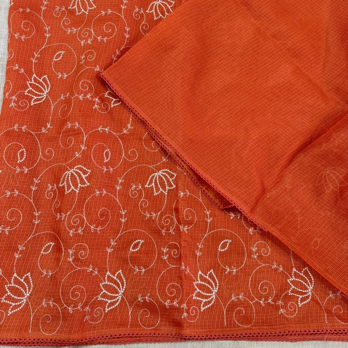 Orange Kota Cotton Crochet Embroidery Saree 