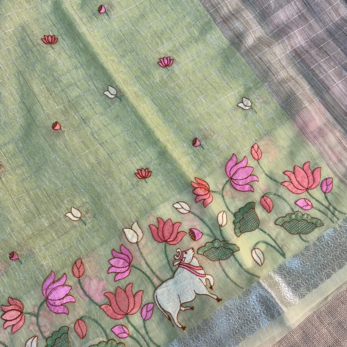 Pista Green Pichwai Tissue Semi Tussar Saree