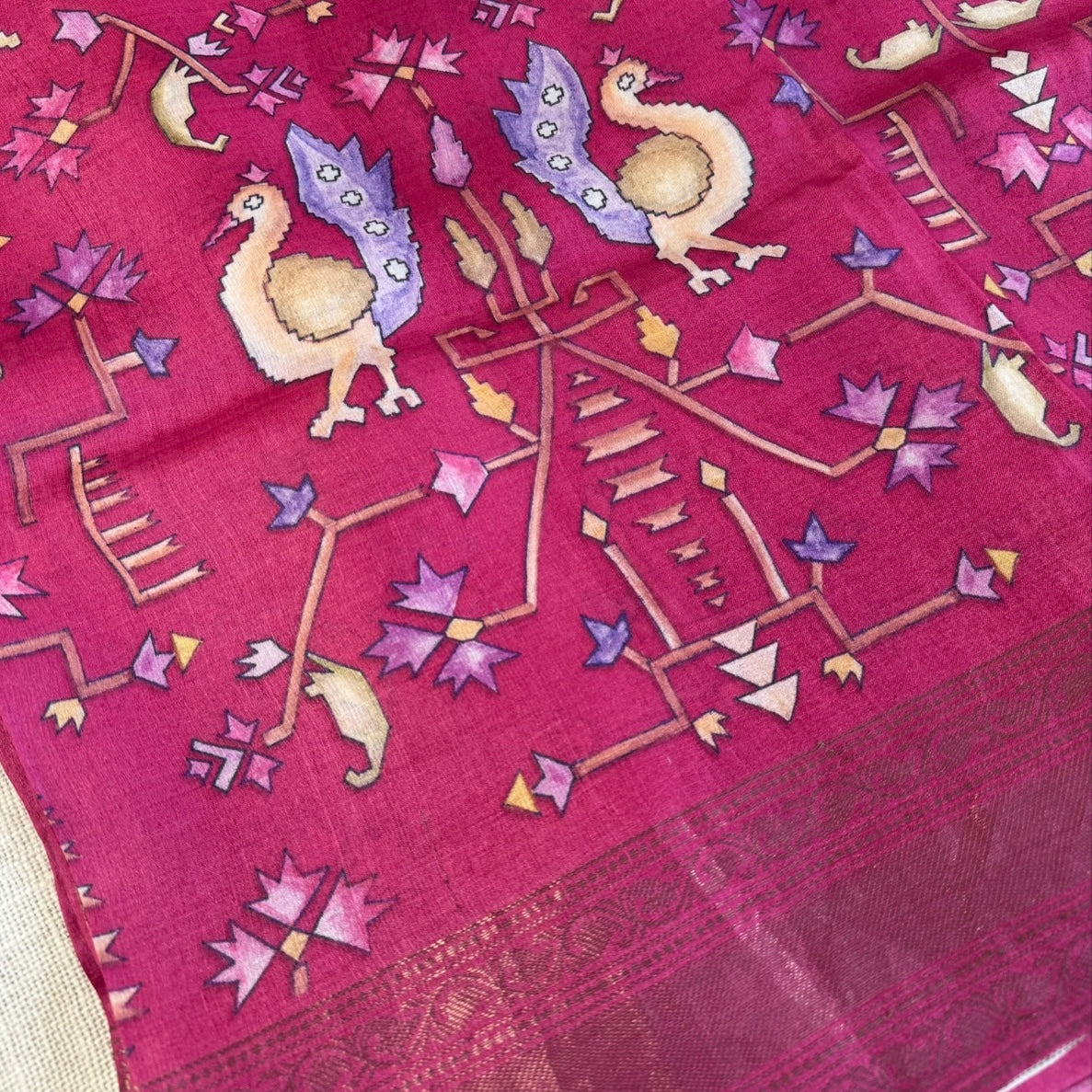 Rich Pink Digital Printed Pure Tussar Silk