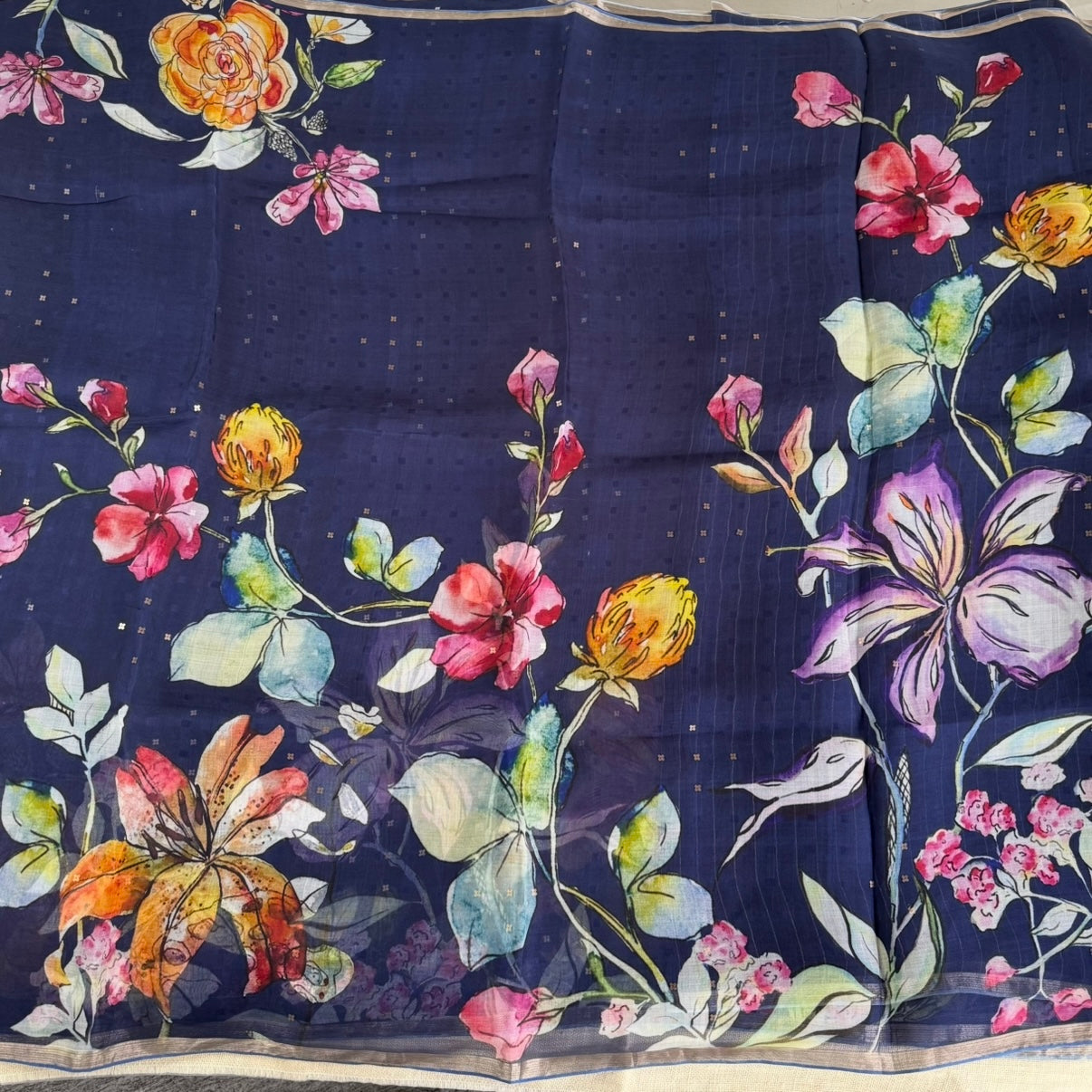 Dark Blue Floral Digital Printed Muslin Sequin Silk