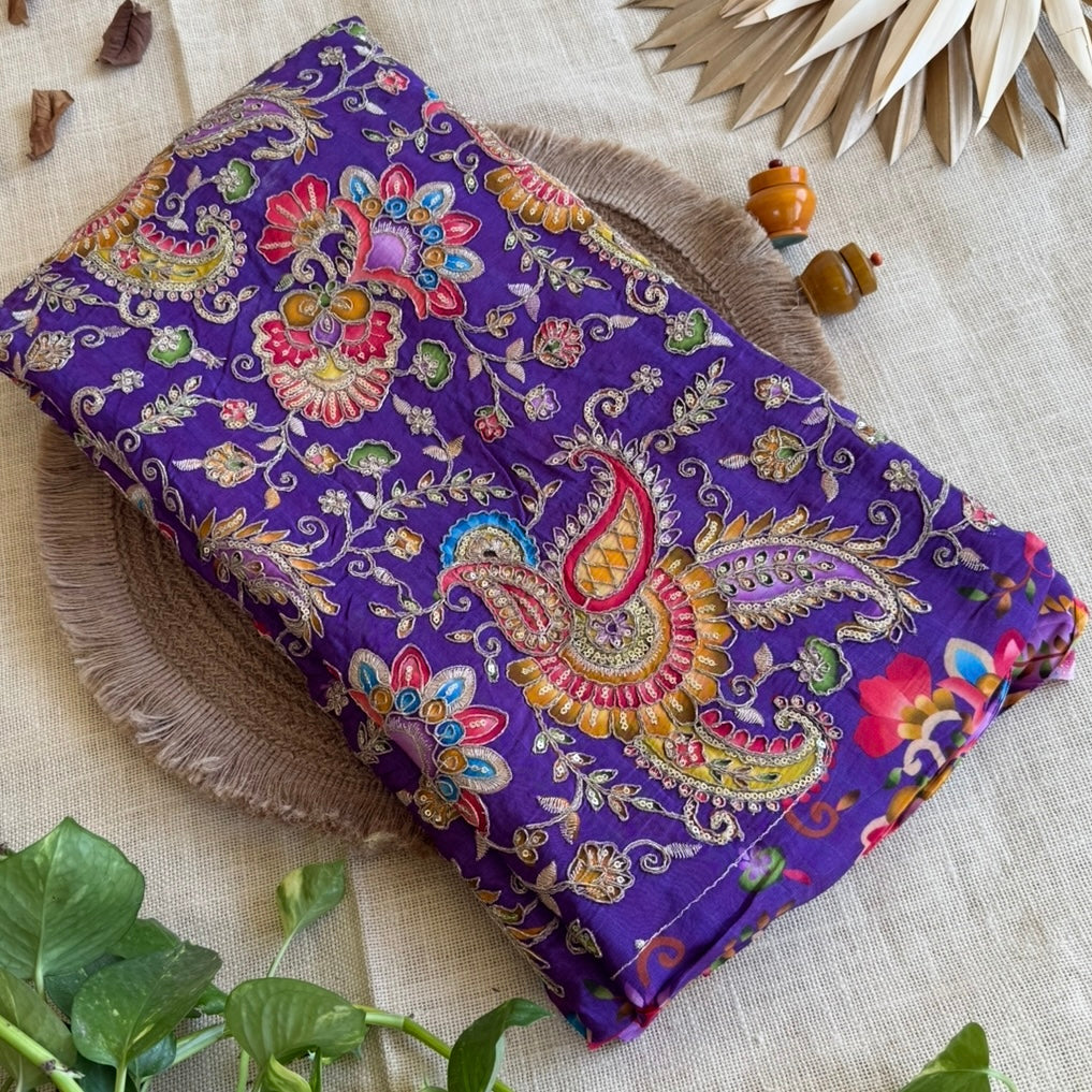 Purple Designer Paisley Floral Embroidery Crepe Blouse Fabric