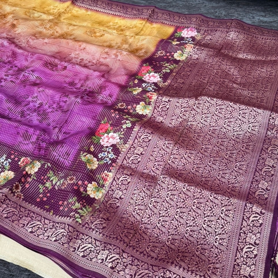 Mustard Purple Wine Pure Dola Crepe Silk Saree