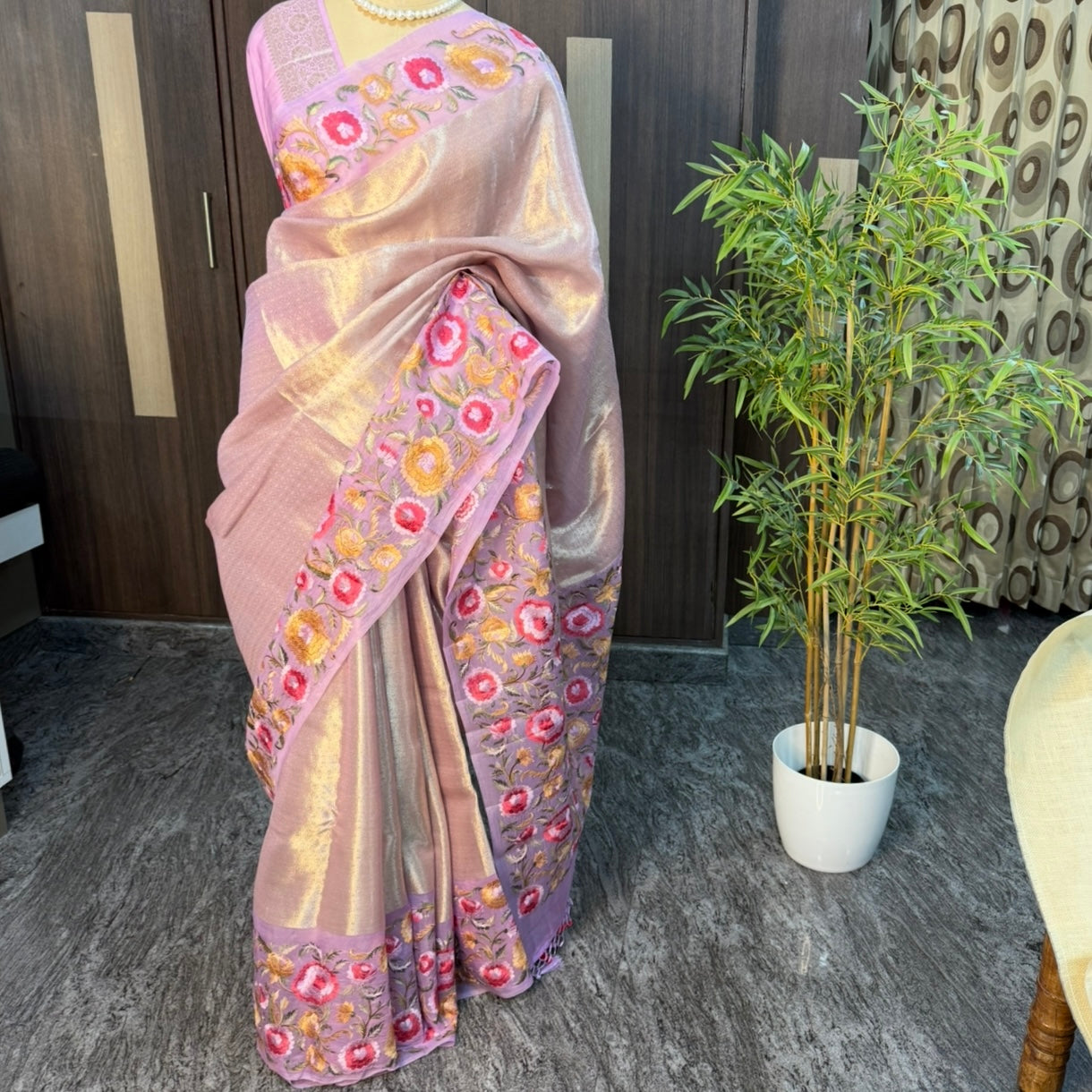 Lilac Brocade Floral Embroidery Pure Organza Saree