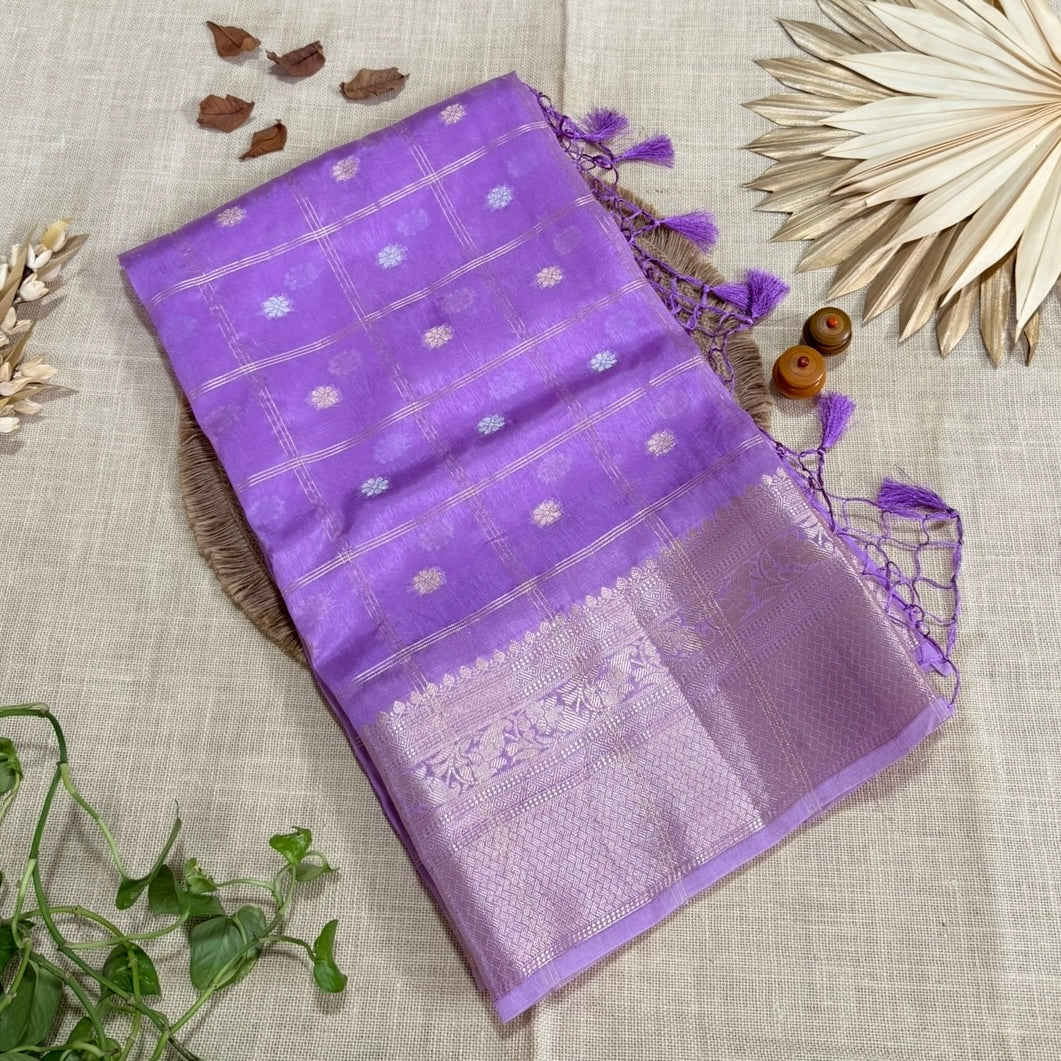 Lilac Checked Kora Silk Saree
