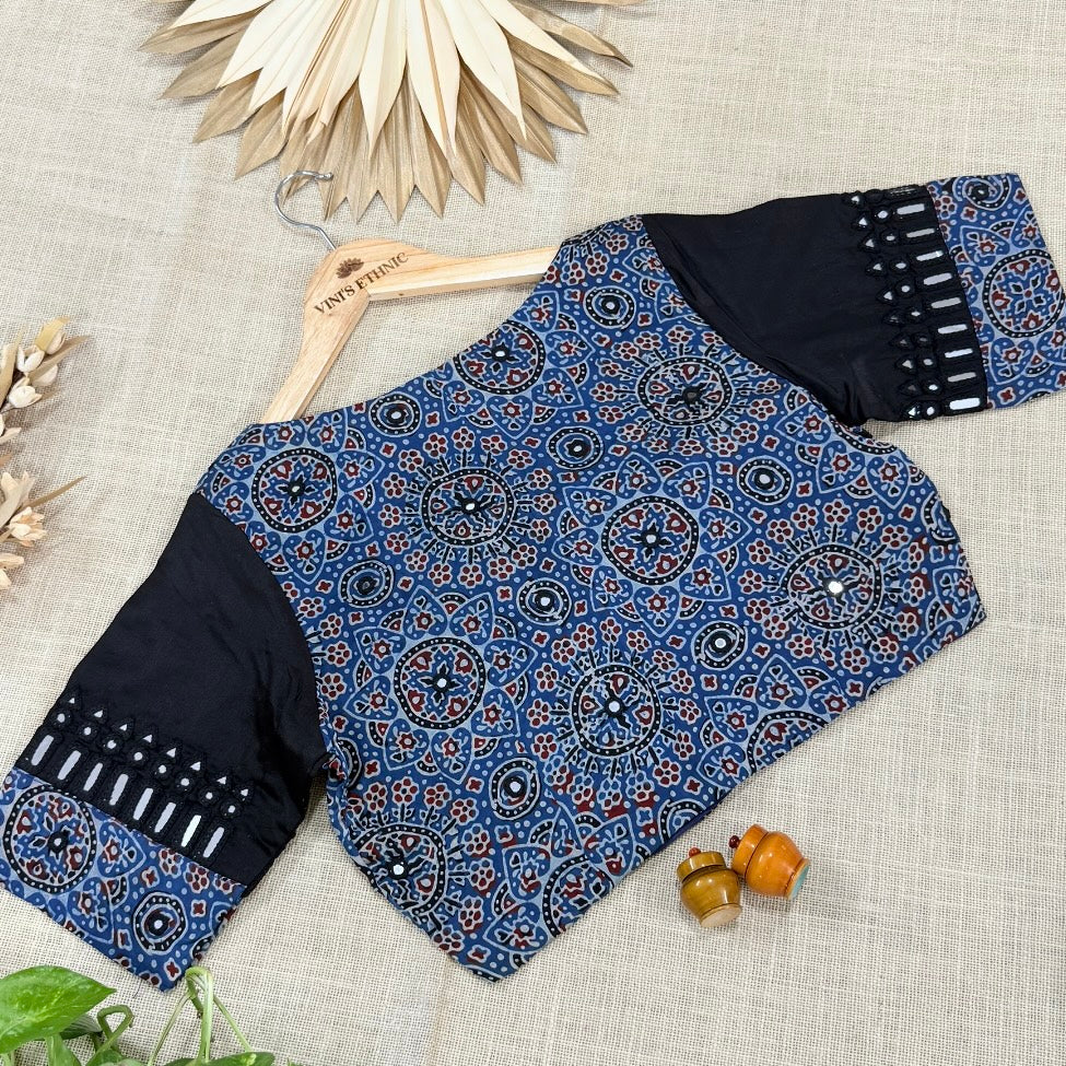 Indigo Ajrakh Floral Modal Mirror Embroidery Blous