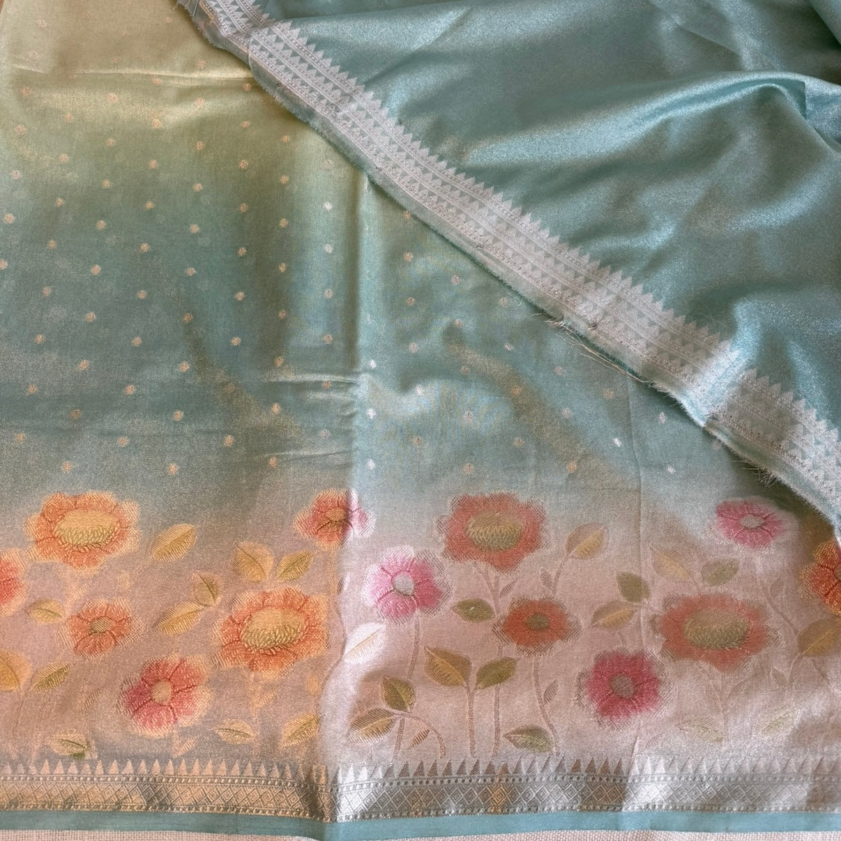 Sea Green Gradient Floral Soft Tissue Silk Saree