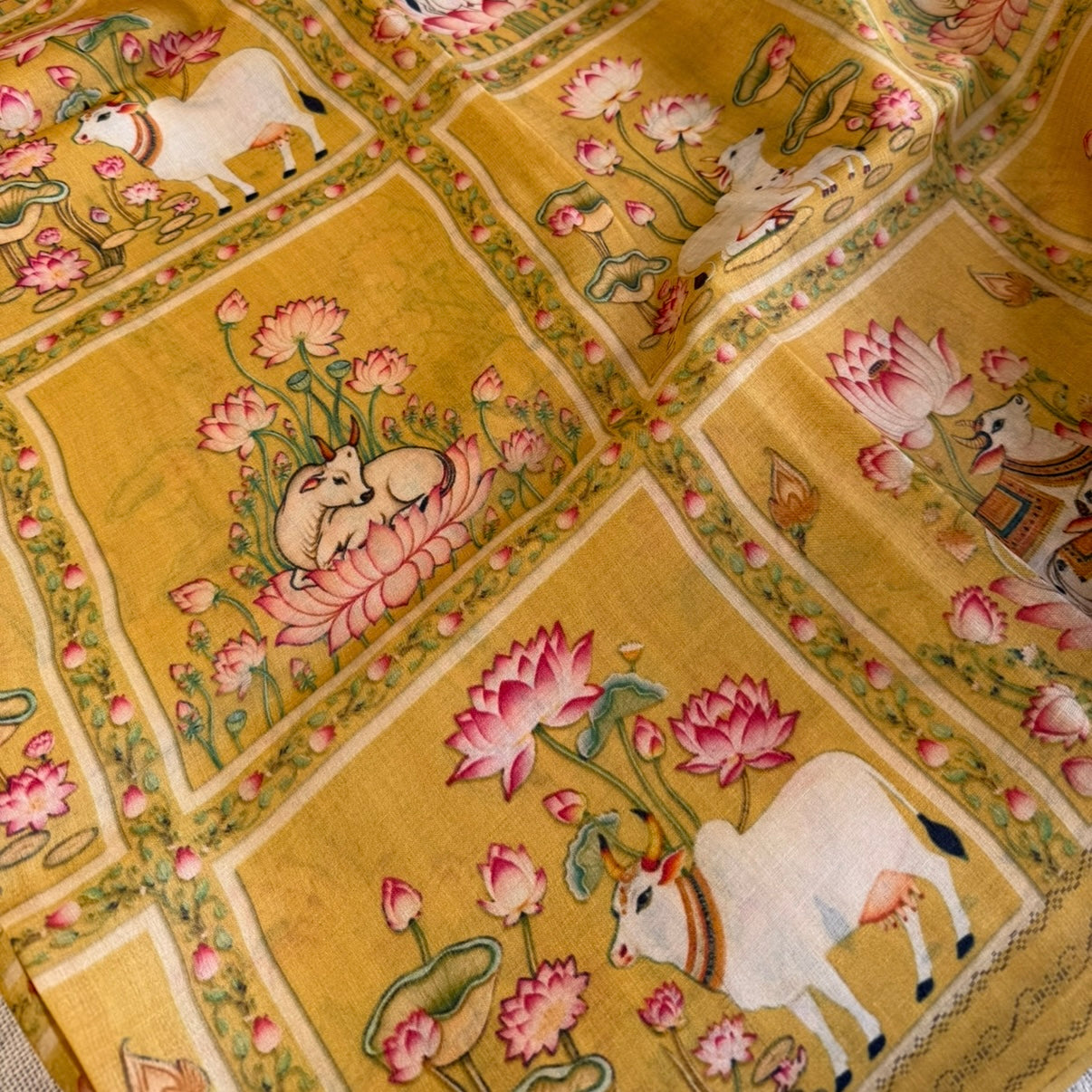 Mustard Yellow Pichwai Printed Pure Tussar Silk