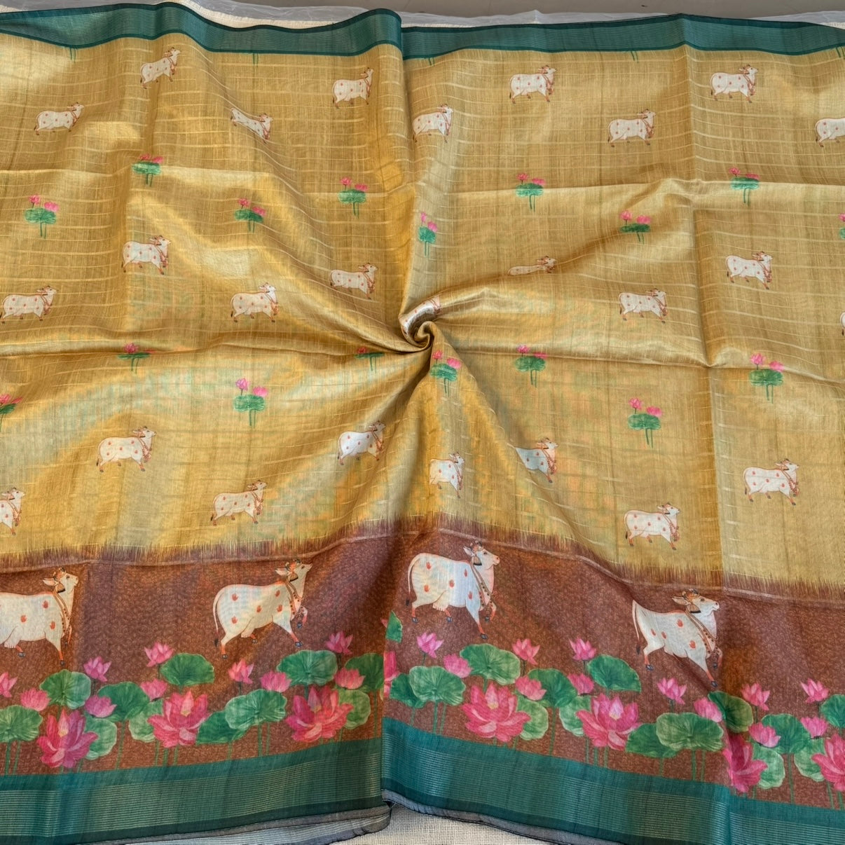 Mustard with Maroon Pichwai Cow lotus Semi Tussar Saree