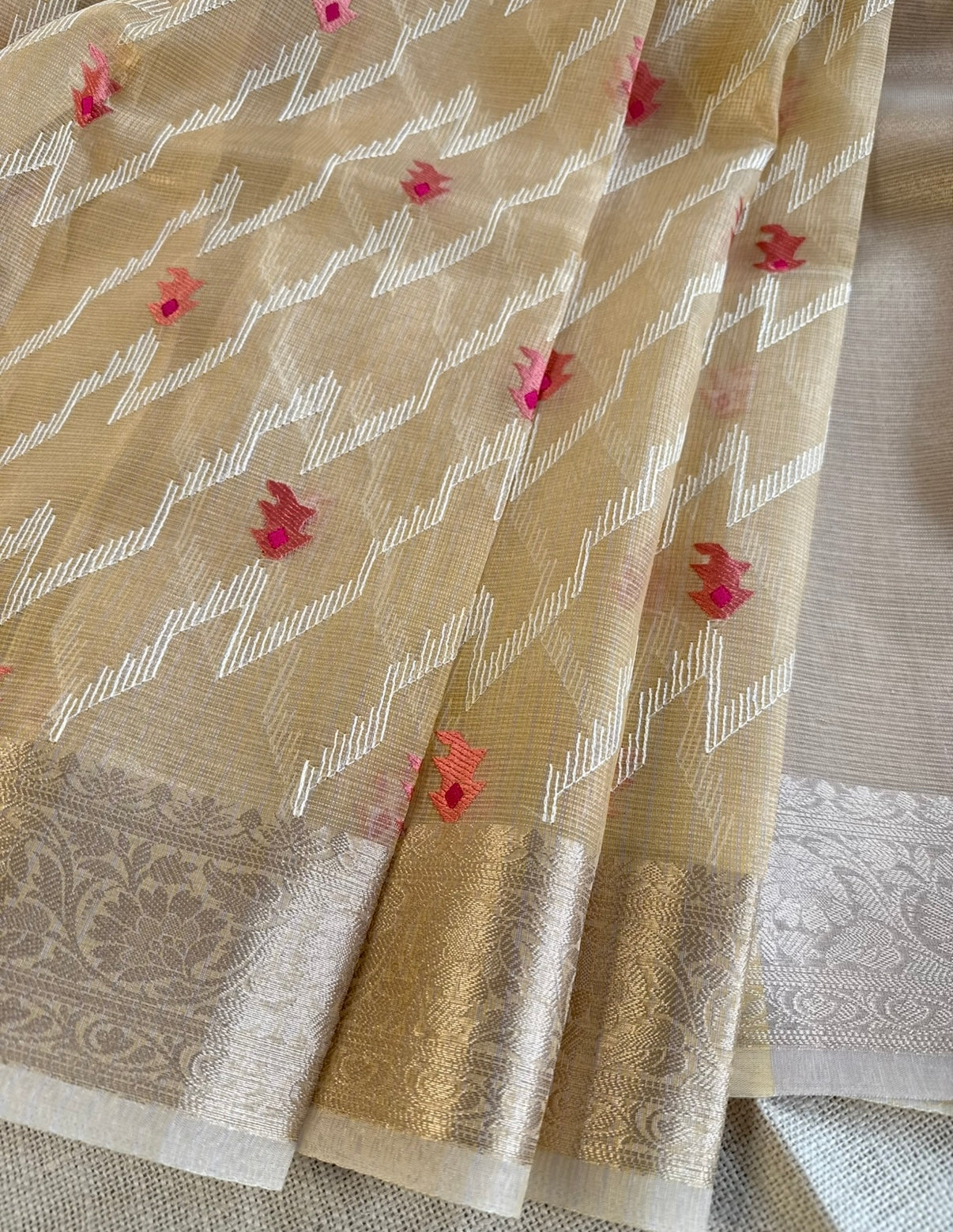 Beige Kota Tissue Embroidery Saree