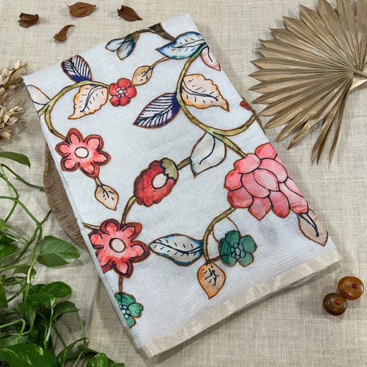 Off White Floral Appliqué Chanderi Silk Saree