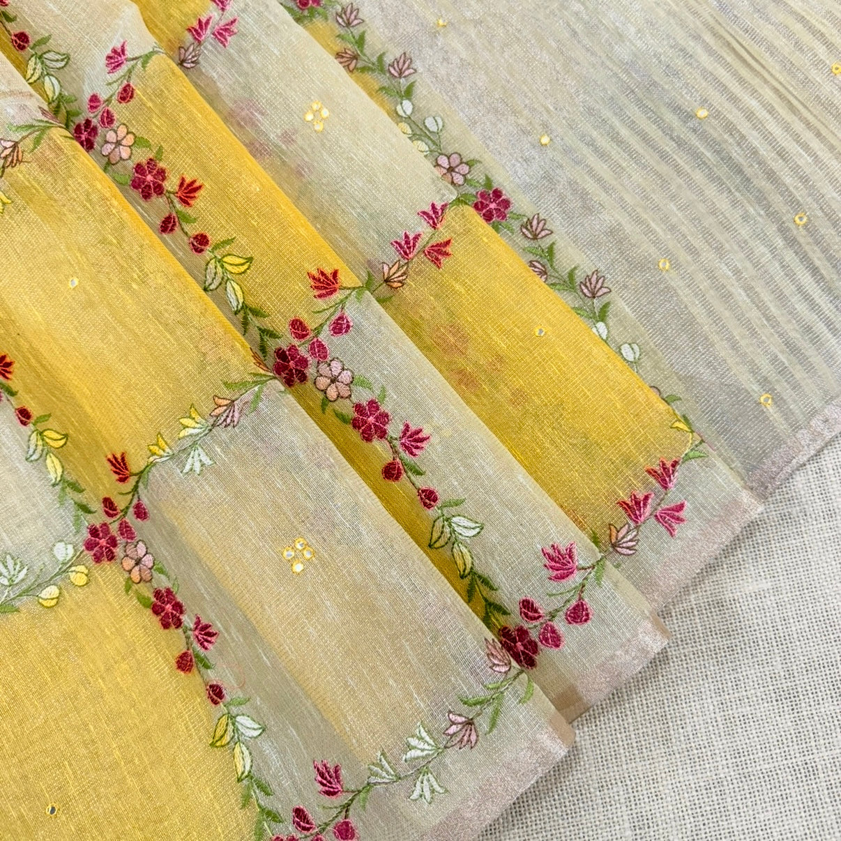 Yellow Floral Embroidery Tissue Linen Saree