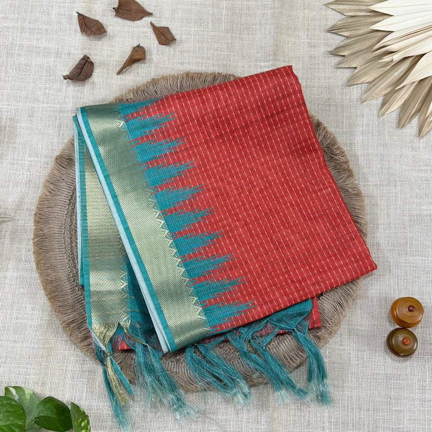 Coral Red with Aqua Blue Semi Tussar Saree
