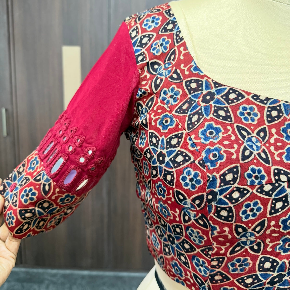 Maroon Ajrakh Modal Mirror Embroidery Blouse
