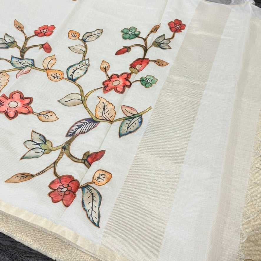 Off White Floral Appliqué Chanderi Silk Saree