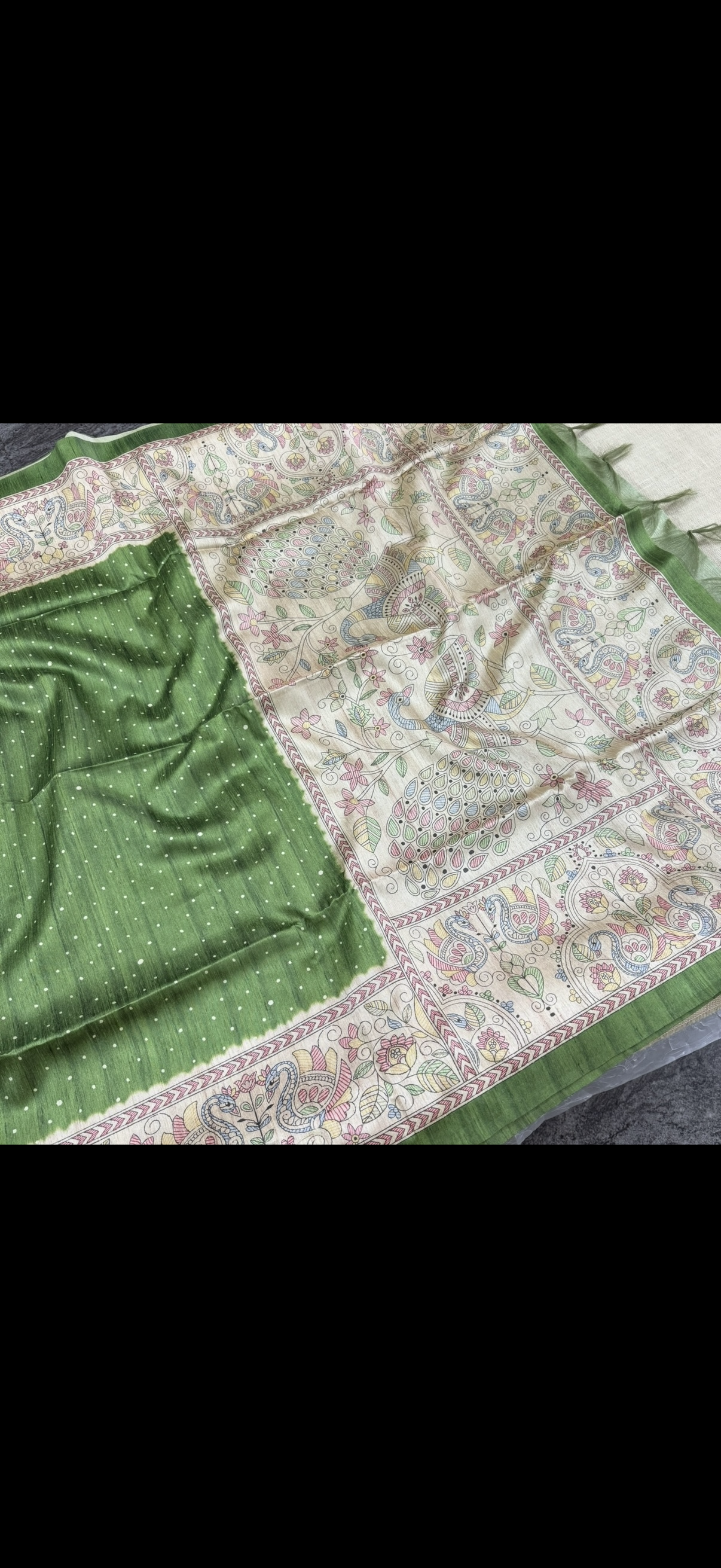 Mehandi Green Madhubani Semi Tussar Saree