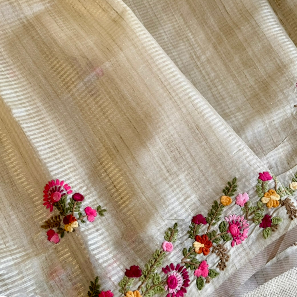 Beige Tissue Floral Embroidery Chapa Tussar Saree