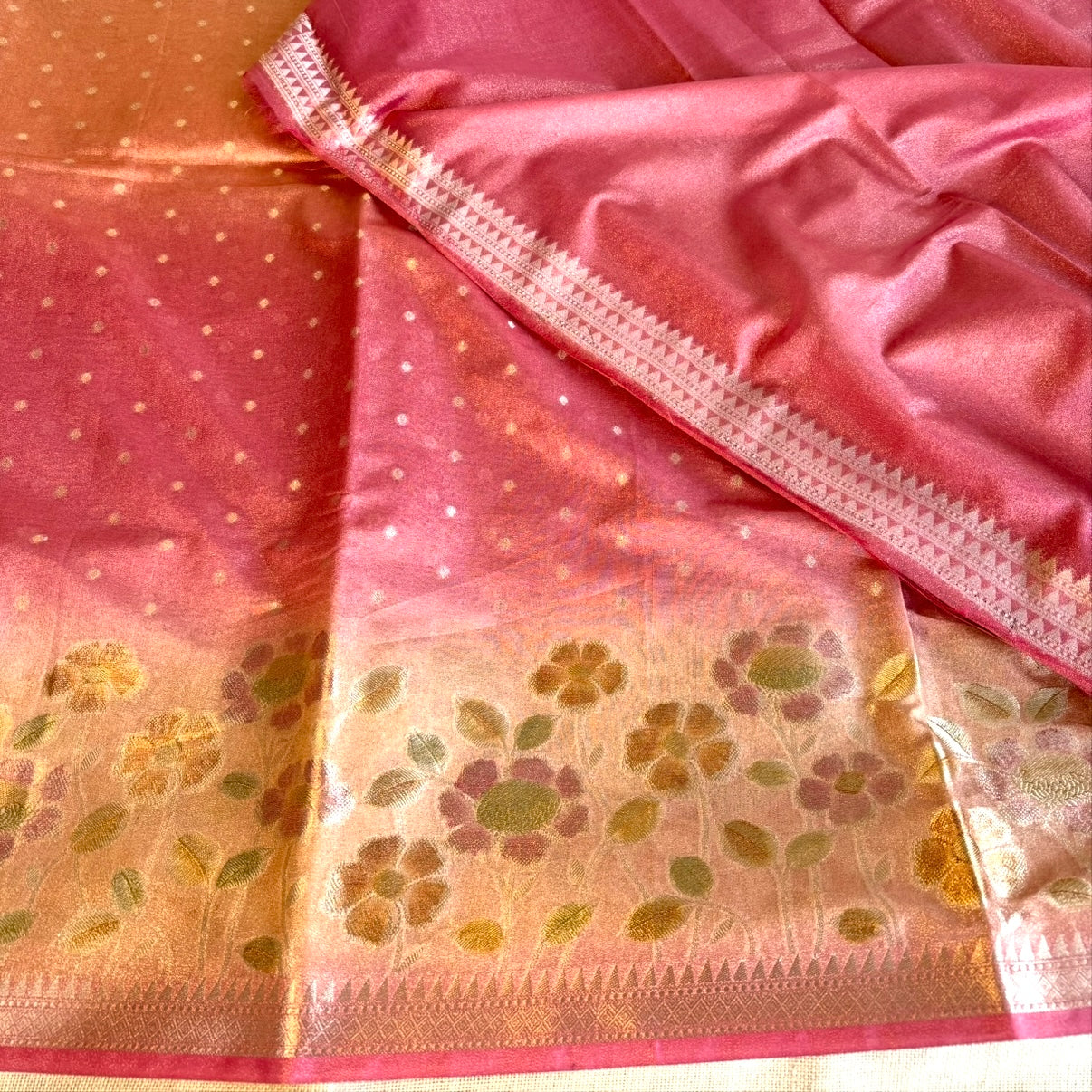 Pink Gradient Floral Soft Tissue Silk Saree