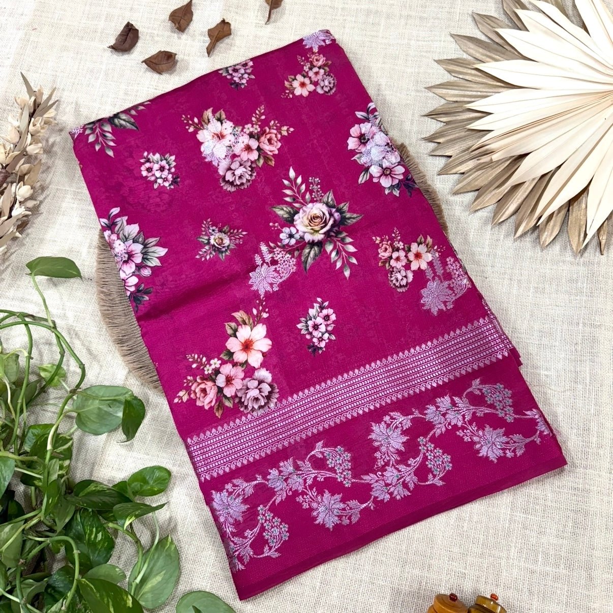 Pink Floral Digital Raw Mango Silk Saree