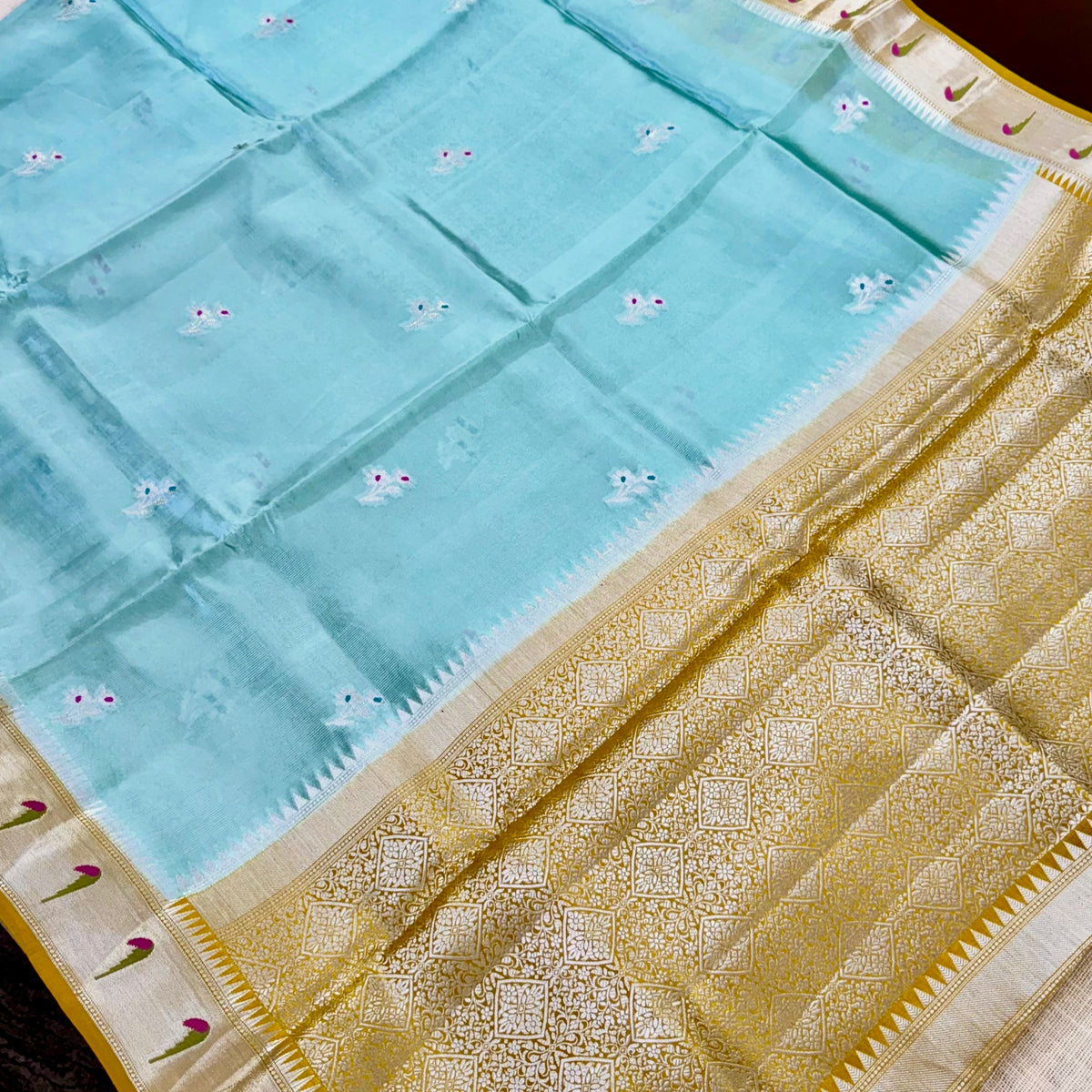 Soft pastel Aqua Floral Paithani Kora Silk Saree