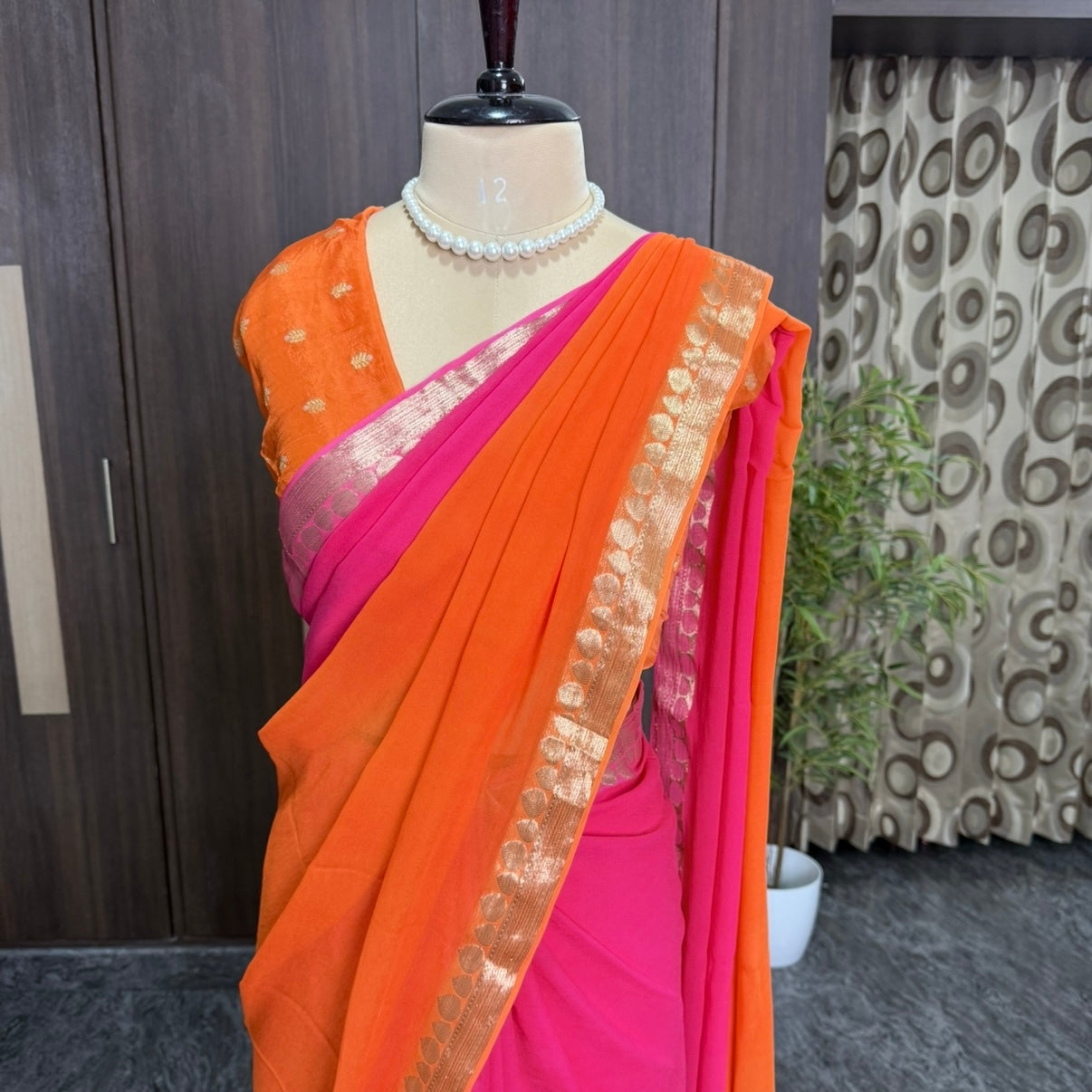 Orange Pink Viscous Georgette Saree