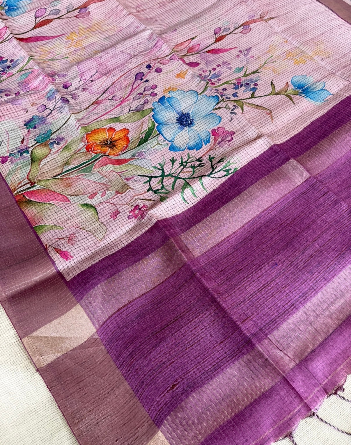 Pink Floral Kota Checks Tussar Saree