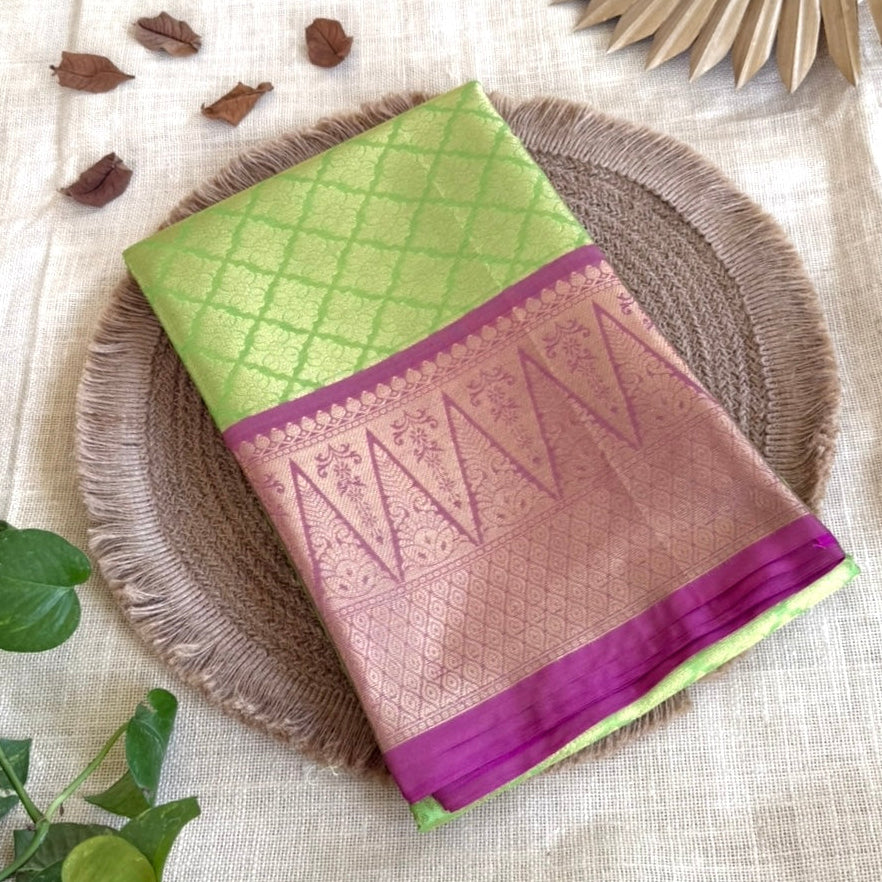 Parrot Green with Pink Katan Semi Silk Saree