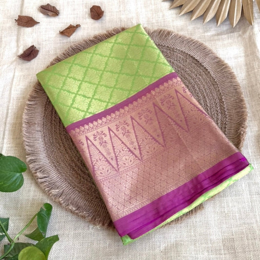 Parrot Green with Pink Katan Semi Silk Saree