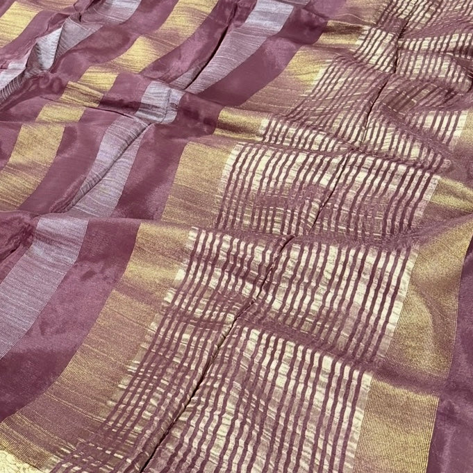 Brown Zari Stripes Chinnon Silk Saree