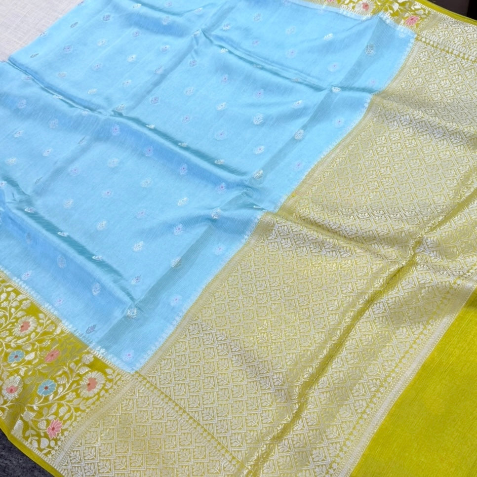 Sky Blue Lime Green Floral Pure Kora Silk Saree