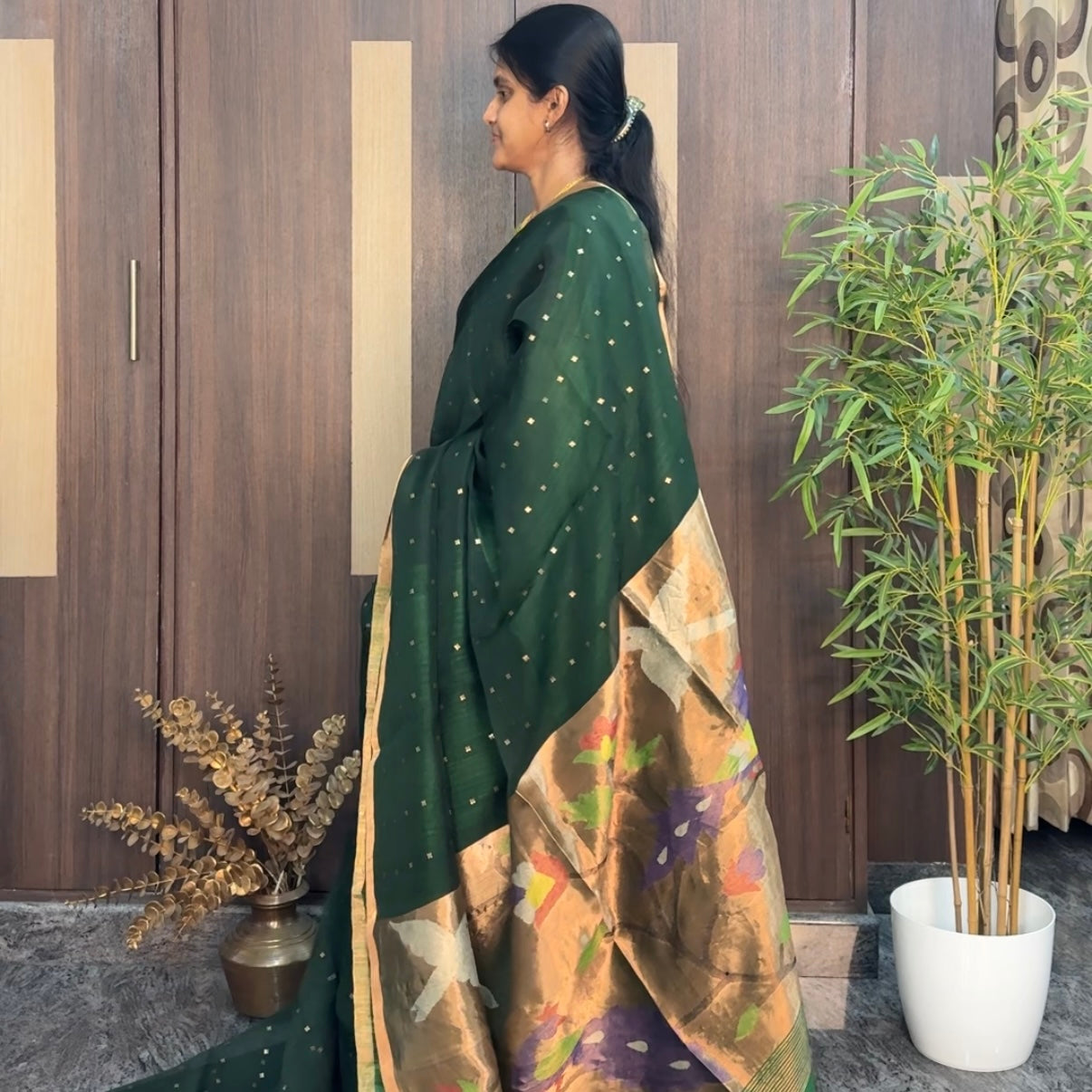 Dark Green Pure Muslin Sequin Paithani Pallu Saree