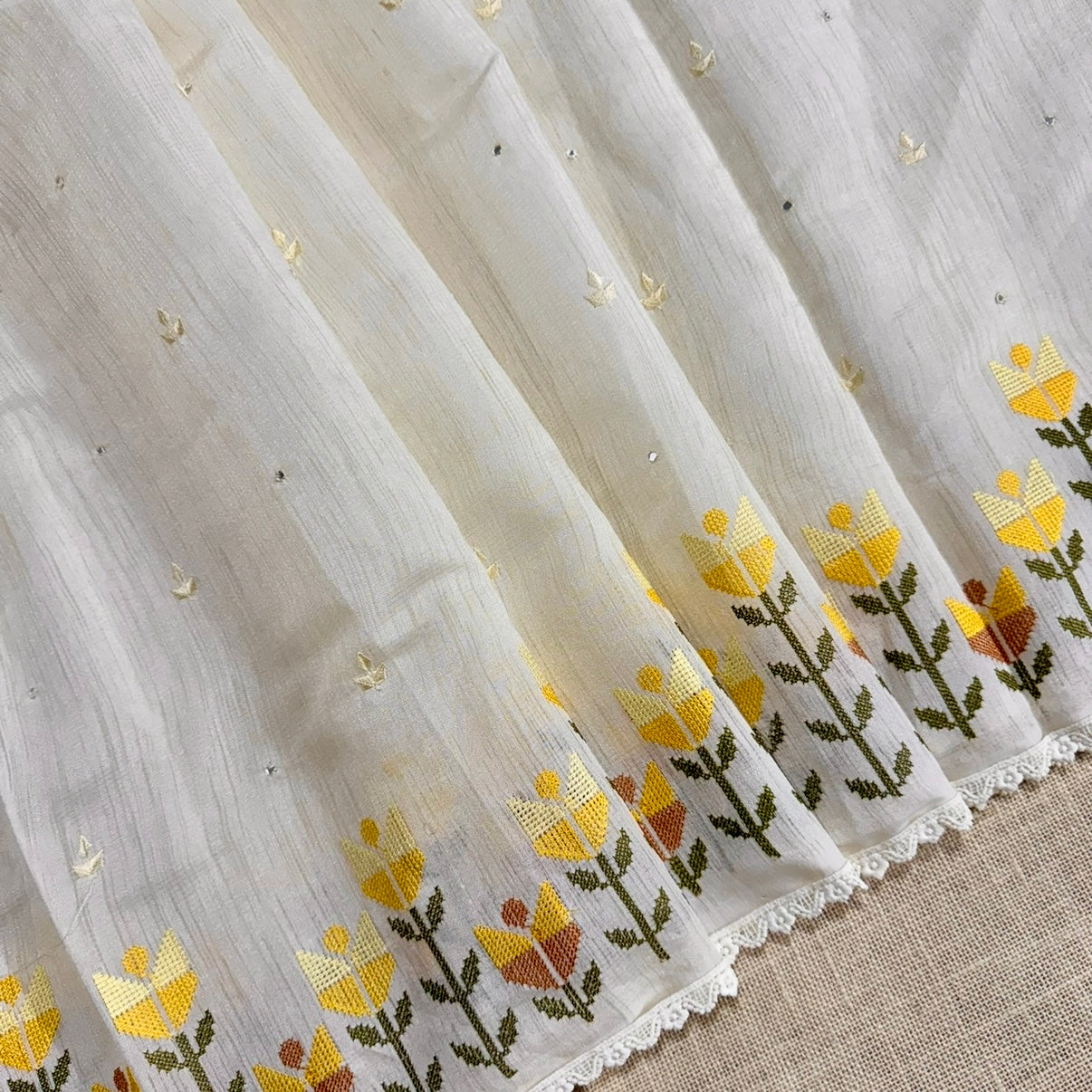 White n Yellow Floral Cross Stitch Embroidery Linen Saree