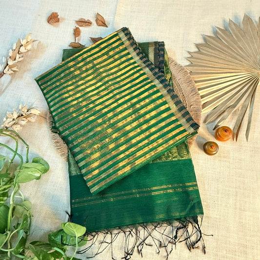 Green Gold Stripes Maheshwari Silk Cotton Saree