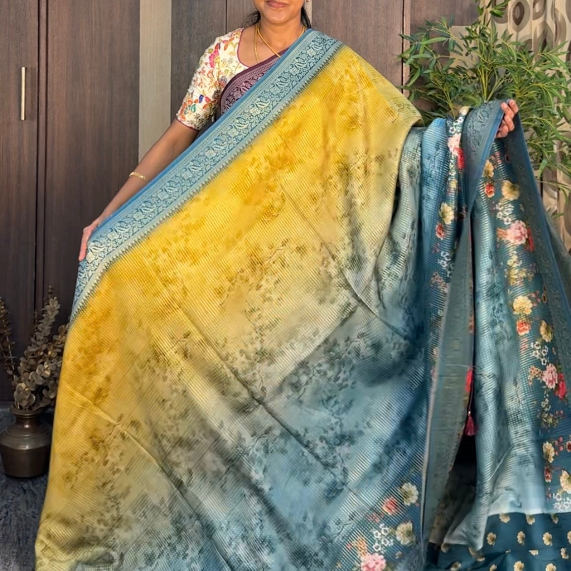 Yellow with Sky Blue Pure Dola Crepe Silk Saree
