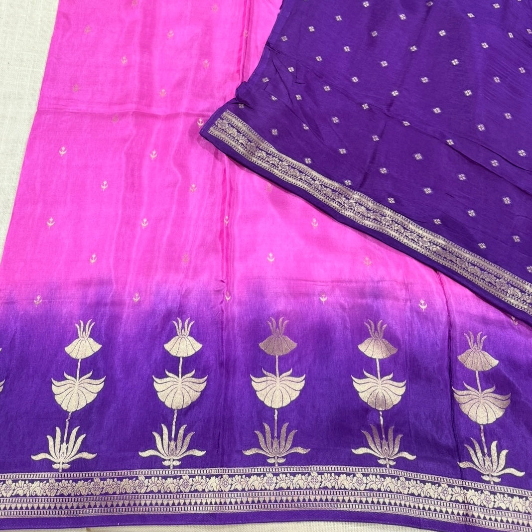 Pink with Purple Pure Crepe Silk Saree