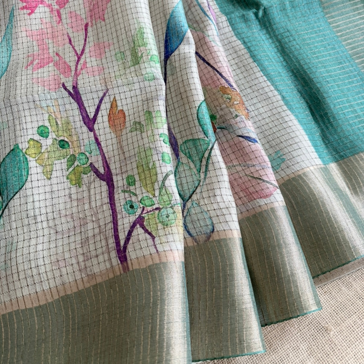 Turquoise Floral Kota Checks Tussar Saree