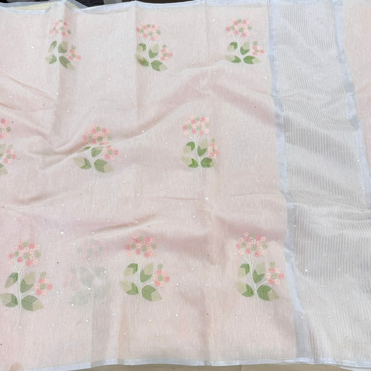 Pastel Peach Floral Embroidery Tissue Linen Saree