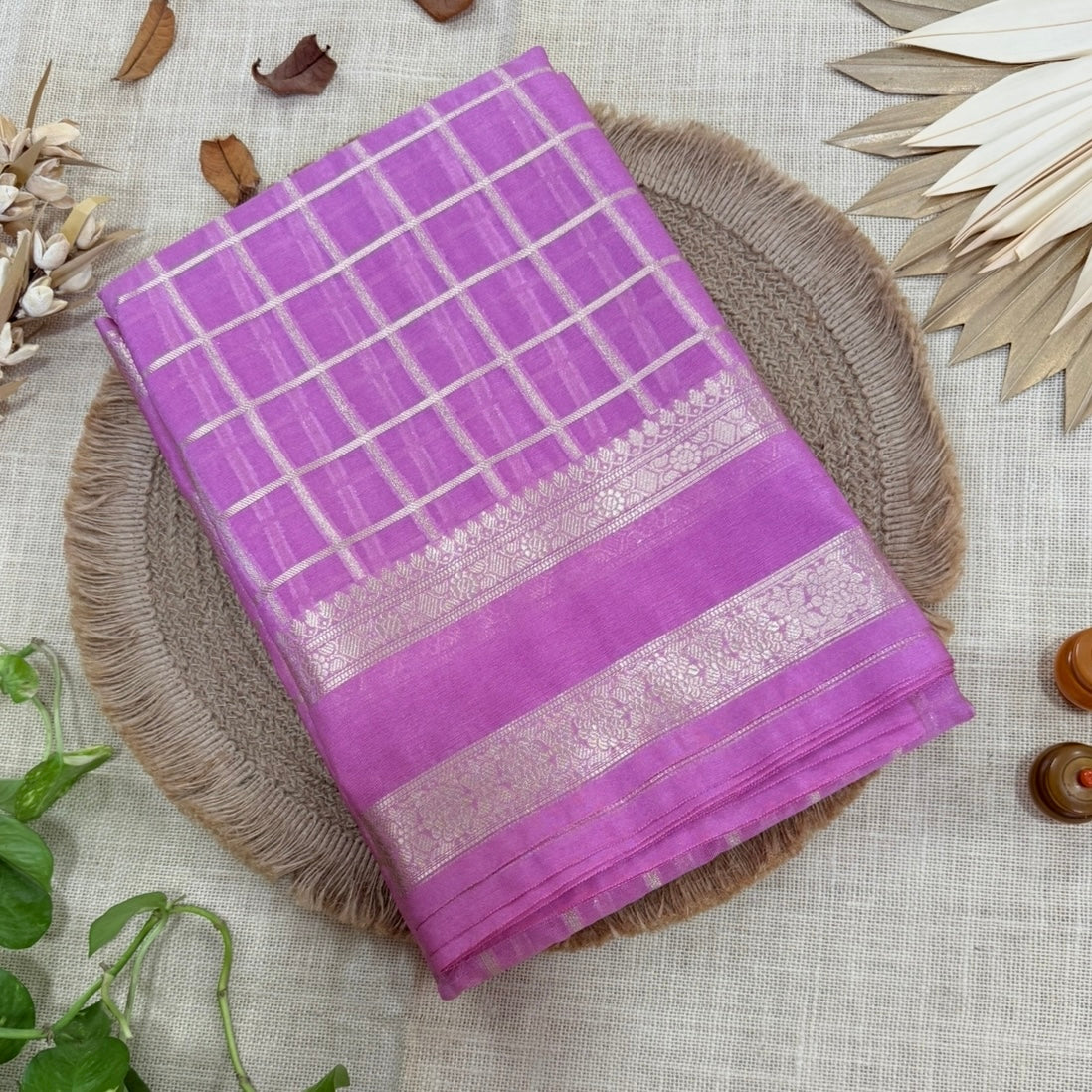 Lilac Checked Raw Silk Saree