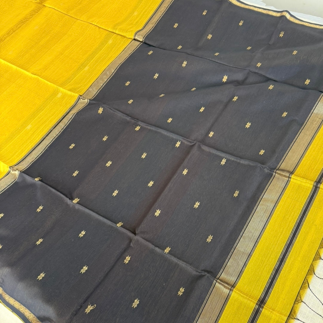 Yellow Maheshwari Silk Cotton Saree Black Pallu