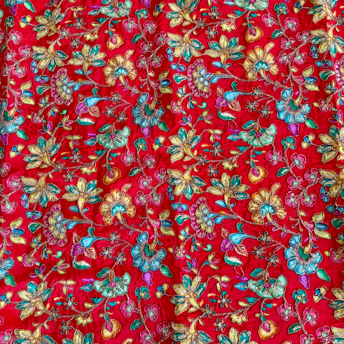 Red Designer Floral Embroidery Crepe Blouse Fabric