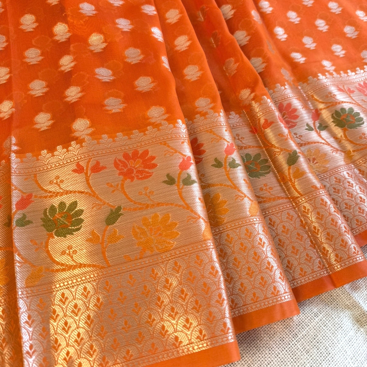 Vibrant Orange Khadi Georgette Siik Saree